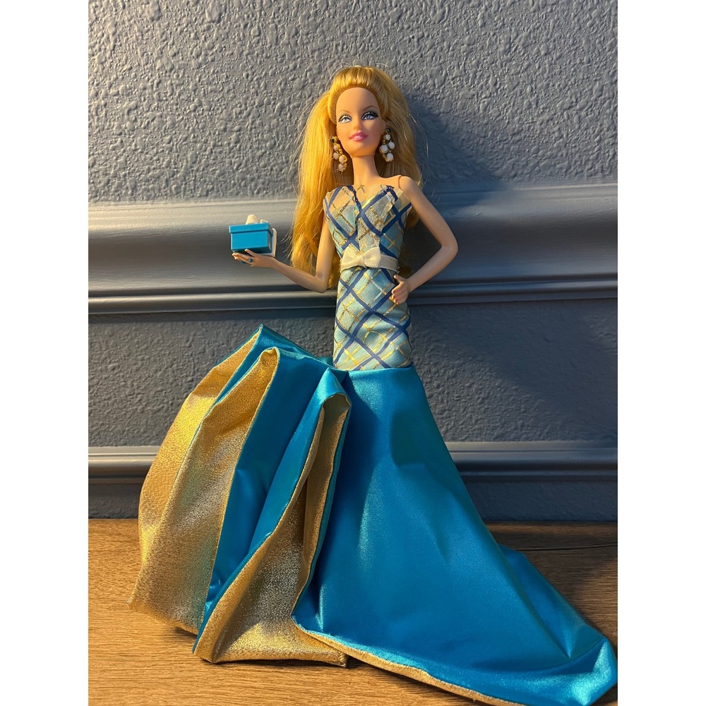 Barbie Doll Blue‎ Gold Gown Elegant Fashion Doll Collector